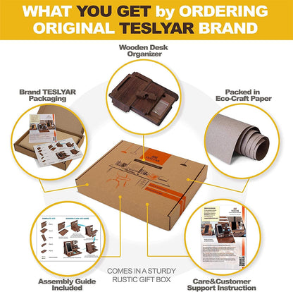 Wooden desk organiser with assembly guide