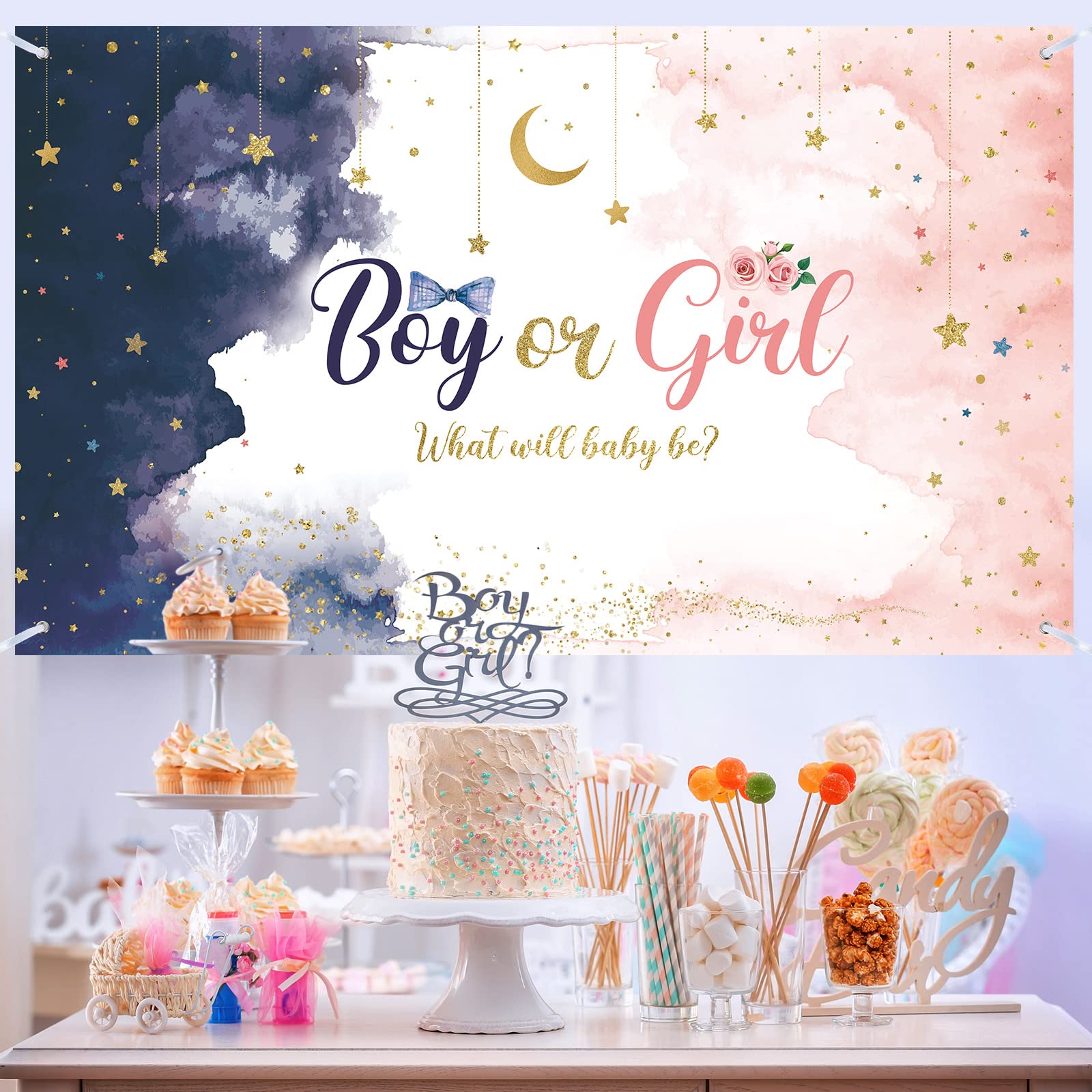 Gender Reveal Backdrop Banner Watercolor Navy Blush