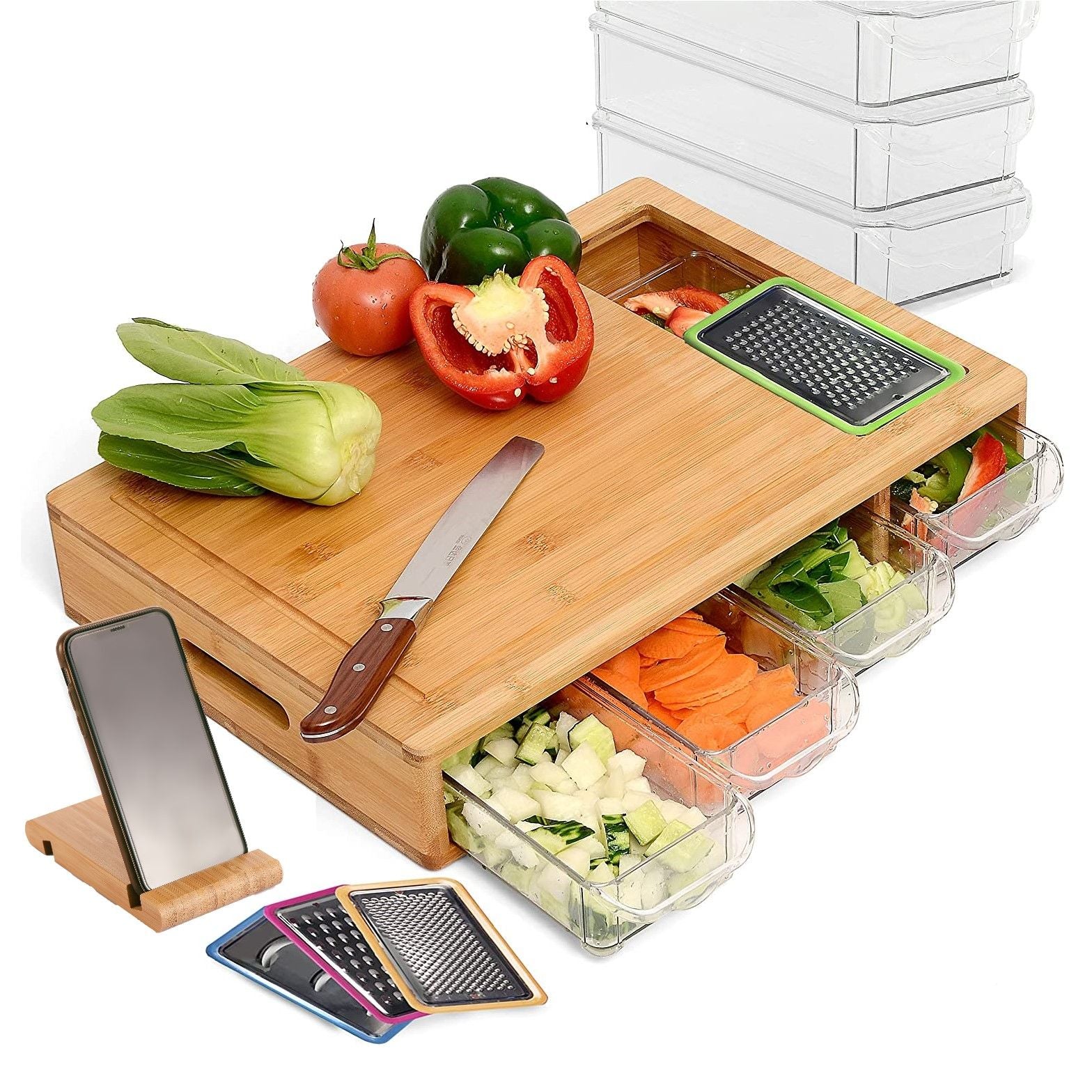 Large Bamboo Cutting Board with 4 Containers and bonus mobile phone holder