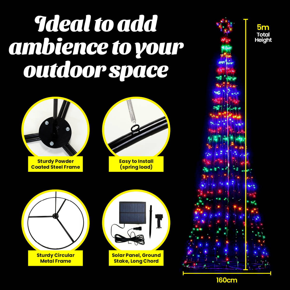 Christmas By Sas 5m Tree Shaped LED Multicoloured Solar Lights & Metal Frame Occasions > Christmas   