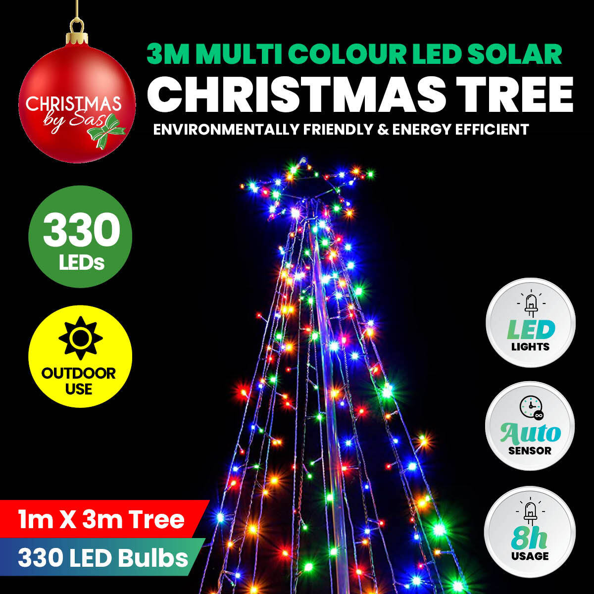 Christmas By Sas 3m Tree Shaped LED Multicoloured Solar Lights & Metal Frame Occasions > Christmas   